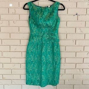 50s 60s vtg Green Asian Brocade Gown Fitted Waist Sheath Pencil Lined Dress 5